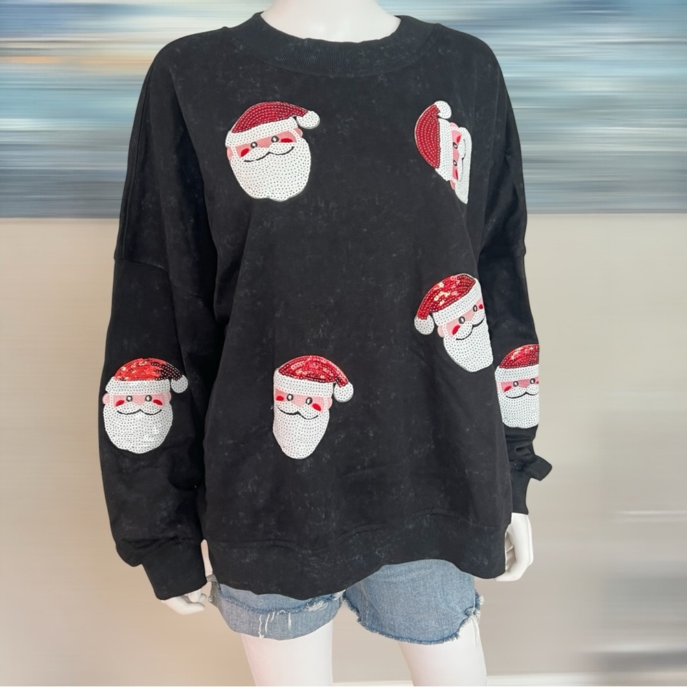 Black acid wash oversized sequin Santa top XL, 2XL - Picture 5 of 9